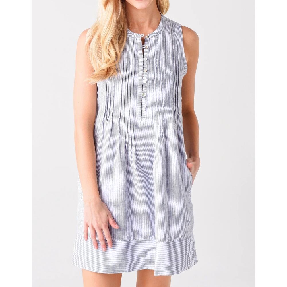 Faherty Isha Linen Sleeveless Dress XS Blue PinStripe Coastal Summer Nautical